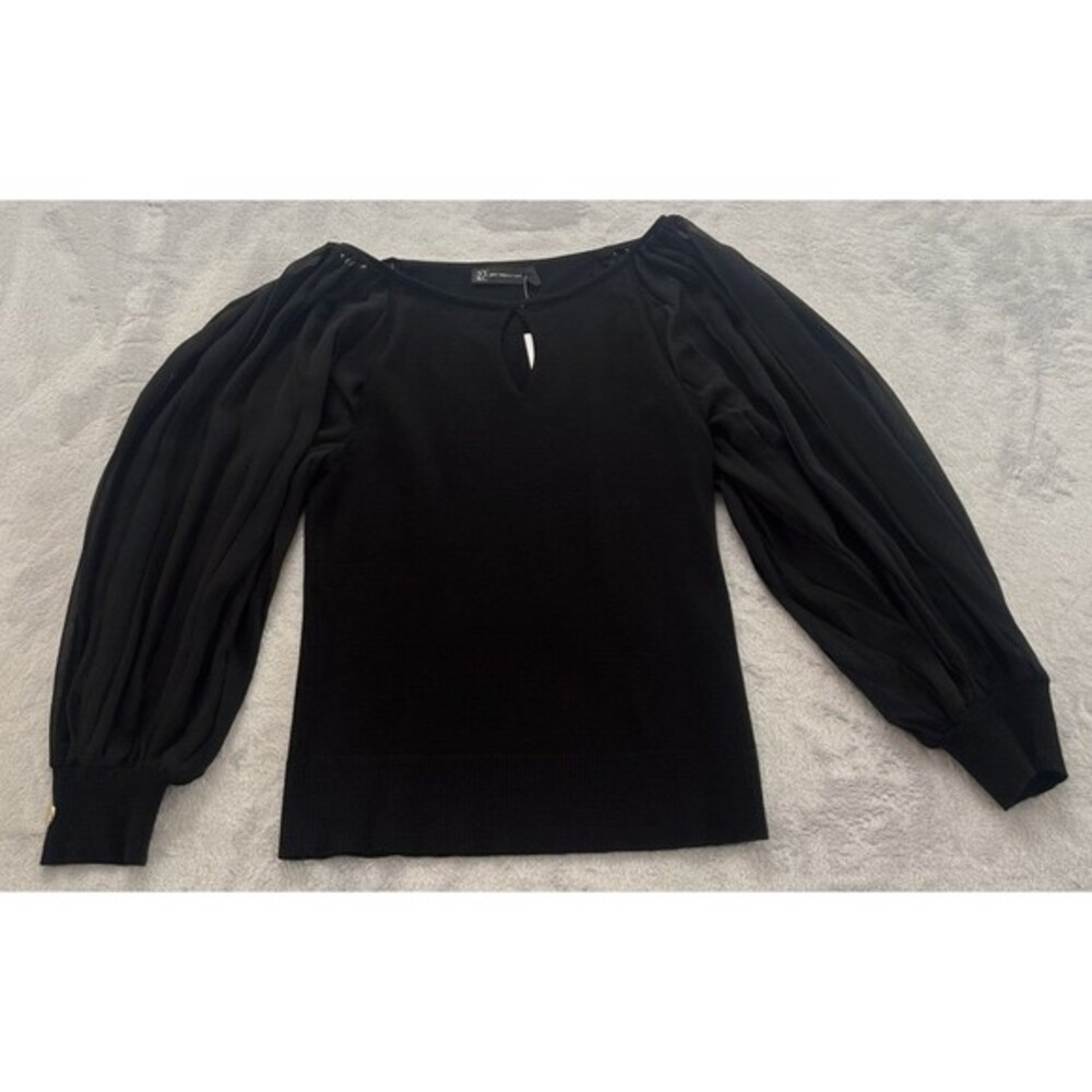 NWT New York & Company Blouse Women’s S Black Keyhole Sheer Balloon‎ Sleeve Top